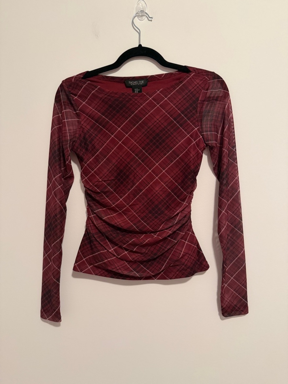 NWT Rachel Zoe Burgundy Plaid Ruched Long-Sleeve Top